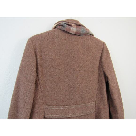 Vintage Union Made Wool Pea Coat Brown Knee Length Plaid Scarf 80's VTG - Picture 8 of 12